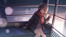  1girl absurdres black_jacket brown_eyes brown_hair brown_hoodie cac_itinose commentary_request drawstring feet_out_of_frame ferris_wheel_interior fringe_trim hair_between_eyes hand_up highres hood hood_down hooded_jacket hoodie jacket long_sleeves looking_at_viewer nail_polish night night_sky open_clothes open_jacket original parted_lips pink_nails red_scarf scarf sitting sky sleeves_past_wrists smile solo 