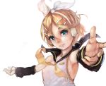  1girl absurdres android armpits blonde_hair blue_eyes detached_sleeves fukushima_(jfierd) hair_ornament hair_ribbon hairclip headphones highres kagamine_rin ribbon short_hair solo vocaloid 