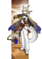  1girl arknights bare_shoulders black_coat blonde_hair chongyue_(arknights) chongyue_(arknights)_(cosplay) coat cosplay dragon_girl dragon_horns dragon_tail earrings full_body green_eyes hair_between_eyes hair_intakes highres horns ikmaln300_(mal008) jewelry light_smile long_hair long_sleeves looking_at_viewer multicolored_hair own_hands_together pants pointy_ears purple_hair shoes shu_(arknights) single_sleeve solo standing stretching tail very_long_hair white_hair white_pants white_shoes 