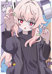  1girl ahoge blue_archive colored_skin commentary_request cosplay frankenstein's_monster frankenstein's_monster_(cosplay) grey_skin highres long_hair natsu_(blue_archive) ni_mono object_through_head pink_hair red_eyes screw_in_head side_ponytail star-shaped_pupils star_(symbol) stitched_face stitched_fingers stitches symbol-shaped_pupils 