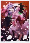  1girl absurdres an2a bat_wings blood dress fang frilled_skirt frills hat hat_ribbon highres long_skirt looking_at_viewer mob_cap moon open_mouth pink_dress puffy_sleeves red_eyes remilia_scarlet ribbon scan shoes short_hair short_sleeves skirt socks solo tongue tongue_out touhou white_legwear wings 