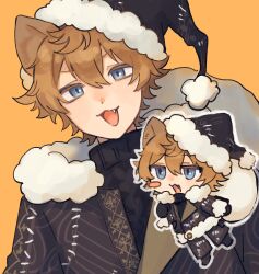  1boy :3 animal_ears black_eyeshadow black_gloves black_hat black_jacket black_pants black_shoes black_sweater blue_eyes blush_stickers brown_hair chibi chibi_inset colored_eyelashes commentary_request cowlick eyeshadow fang full_body fur-trimmed_headwear fur-trimmed_jacket fur_trim gloves grin hair_between_eyes hat highres holding holding_sack hyena_boy hyena_ears jacket jitome looking_ahead looking_at_viewer lost_in_the_book_with_tim_burton's_the_nightmare_before_christmas makeup male_focus multiple_views noriki_noki open_mouth outline pants partially_open_jacket patchwork_clothes ruggie_bucchi ruggie_bucchi_(nightmare_courier) sack santa_hat shoes short_hair simple_background single_blush_sticker smile straight-on sweater turtleneck turtleneck_sweater twisted_wonderland upper_body v-shaped_eyebrows white_outline yellow_background 