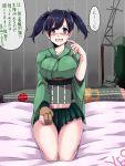  1girl blue_eyes blue_hair blush breasts character_request kantai_collection kuon_yashiro open_mouth seiza sitting sitting_on_bed skirt smile solo translation_request twintails 