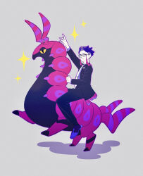  1boy absurdres arm_up black-framed_eyewear black_jacket black_pants closed_mouth commentary_request corbeau_(pokemon) glasses grey_background highres jacket long_sleeves male_focus napoleon_crossing_the_alps necktie open_clothes open_jacket pants pokemon pokemon_(creature) pokemon_legends:_z-a purple_shirt riding riding_pokemon round_eyewear scolipede shirt shoes short_hair sparkle tenka_(ghuv7584) white_necktie yellow_eyes 