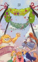  2girls 3boys ^_^ arm_up capelet carrot_(one_piece) closed_eyes commentary crossed_arms green_capelet haramaki hat_feather helmet highres inuarashi_(one_piece) jacket long_hair multiple_boys multiple_girls nekomamushi one_piece outdoors pekoms pink_jacket sample_watermark sharp_teeth short_hair siyangou49 smile sunglasses tail teeth wanda_(one_piece) watermark whiskers 