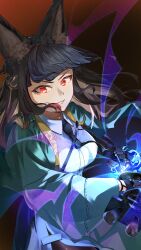  1girl absurdres animal_ear_fluff animal_ears aqua_jacket black_hair black_necktie black_pantyhose black_skirt blue_fire blunt_bangs breasts crazy_smile fire fox_ears fox_girl gauntlets gloves green_jacket harukimatsui_25 high-waist_skirt highres holding holding_sword holding_weapon hoshimi_miyabi jacket katana long_hair looking_at_viewer necktie open_mouth pantyhose red_eyes shirt sidelocks simple_background single_gauntlet skirt smile solo sword weapon white_shirt zenless_zone_zero 