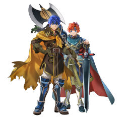  2boys absurdres armor axe battle_axe blue_eyes blue_hair cape closed_mouth commentary_request durandal_(fire_emblem) fire_emblem fire_emblem:_path_of_radiance fire_emblem:_the_binding_blade fire_emblem_heroes gloves hand_on_hilt hand_on_own_hip headband highres hiiragi_akio holding holding_weapon ike_(brave_mercenary)_(fire_emblem) ike_(fire_emblem) looking_at_viewer male_focus multiple_boys official_art over_shoulder pauldrons red_hair roy_(brave_lion)_(fire_emblem) roy_(fire_emblem) second-party_source short_hair shoulder_armor simple_background single_pauldron standing sword two-sided_cape two-sided_fabric weapon weapon_over_shoulder white_background 
