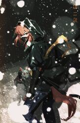  1girl animal_ear_hood animal_ears arknights black_gloves black_jacket black_mask black_pants corrupted_twitter_file crownslayer_(arknights) dated elbow_gloves feet_out_of_frame fingerless_gloves from_behind gloves hair_between_eyes hair_ornament hairclip hashtag-only_commentary highres hood hood_up hooded_jacket hyena hyena_ears hyena_girl hyena_tail jacket juhuacha looking_at_viewer looking_back mask medium_hair mouth_mask night ninja_mask outdoors pants red_eyes red_hair red_tail ribbon sidelocks snow snowing solo standing tail yellow_ribbon 