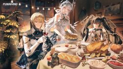  1boy 2girls absurdres apple arm_rest baking_sheet black_capelet black_hair blue_eyes bottle bowl bread brown_streaks candle candlestand capelet chair character_figure closed_mouth collared_capelet commandant_(pgr) commentary copyright_name crop_top cropped_shirt crossed_bangs cup double-parted_bangs dress drinking_glass english_commentary figure fireplace floating_headgear flower food fork frilled_cuffs fruit hair_between_eyes halterneck hand_on_own_chin hand_up hands_up headgear highres holding holding_cup holding_fork holding_tray indoors lee:_hyperreal_(pgr) lee_(pgr) lemon lemon_slice liv:_limpidity_(pgr) liv_(pgr) long_hair long_sleeves looking_at_viewer lucia:_pyroath_(pgr) lucia_(pgr) mechabare mechanical_arms multicolored_hair multiple_girls official_art orange_hair parted_lips pear picture_frame pie plant plate potato potted_plant pumpkin punishing:_gray_raven red_eyes rosemary_(herb) shirt short_hair sitting sleeveless sleeveless_dress smile standing streaked_hair table thanksgiving tray turkey_(food) twintails violet_eyes white_dress white_flower white_hair white_shirt white_wrist_cuffs window wine_bottle wine_glass wooden_chair wrist_cuffs 