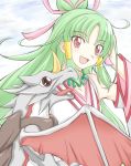  1girl cloudy_sky cure_empress detached_sleeves dokidoki!_precure dragon green_hair hair_ribbon hair_tubes jappo long_hair mela_(dokidoki!_precure) open_mouth precure red_eyes ribbon smile 