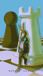  1girl absurdres amiya_(arknights) animal_ears arknights ascot black_jacket black_pantyhose black_skin blue_ascot blue_background blue_eyes brown_hair checkered_floor chess_piece closed_mouth colored_skin double-parted_bangs english_commentary english_text frilled_ascot frills full_body hair_between_eyes highres jacket leaning_back long_hair long_sleeves looking_up mini_person open_clothes open_jacket oversized_object pantyhose pawn_(chess) plaid_clothes plaid_skirt pleated_skirt rabbit_ears rook_(chess) sakiyo shadow skirt sleeve_cuffs solo standing standing_on_one_leg sweater white_sweater 