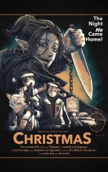  5boys animal_ears arm_at_side arm_up asymmetrical_bangs bags_under_eyes beard_stubble black_background black_gloves black_hair black_hat black_nails black_sweater blank_stare brooch character_name commentary_request covering_own_mouth cowlick cuffs curtained_hair dark-skinned_male dark_skin deuce_spade deuce_spade_(nightmare_courier) english_text eyeshadow facial_hair facial_mark facing_up fang film_grain from_side frown fur-trimmed_headwear fur-trimmed_jacket fur_trim gloves grin hair_between_eyes halloween_(movie) hand_up hands_up hat high_ponytail highres holding holding_knife hood hood_down hyena_boy hyena_ears imoko_331 jack_howl jack_howl_(nightmare_courier) jacket jewelry kitchen_knife knife lapels limited_palette long_sleeves looking_at_viewer lost_in_the_book_with_tim_burton's_the_nightmare_before_christmas makeup male_focus mature_eyes mature_male medium_hair movie_poster multiple_boys outstretched_arm pale_skin parody parted_bangs parted_lips partially_open_jacket patchwork_clothes pinstripe_jacket pinstripe_pattern pointy_ears ponytail portrait projected_inset raised_eyebrows ribbed_sweater ruggie_bucchi ruggie_bucchi_(nightmare_courier) santa_hat scar scar_on_face scar_on_forehead scar_on_mouth serious shackles short_hair skully_j._graves smile spade_(shape) spade_facial_mark straight-on stubble sweater swing_(twisted_wonderland) tombstone upper_body watermark wavy_hair white_hair wolf_boy wolf_ears 