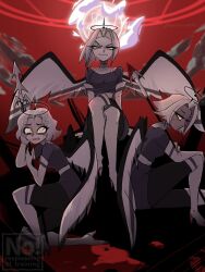  3girls angel angel_wings black_halo blood blood_on_weapon colored_skin crossed_legs feathered_wings grey_hair grey_skin halo hazbin_hotel hellaverse highres holding holding_polearm holding_weapon kneeling looking_at_viewer lute_(hazbin_hotel) mono_rnrn multiple_girls polearm red_sky short_hair sitting sky smirk spear vaggie weapon white_hair white_skin wings yellow_eyes 