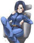  1girl blue_hair boots breasts brown_eyes chair get9 hair_ornament hairclip looking_at_viewer niimi_kaoru parted_lips short_hair simple_background sitting smile solo uchuu_senkan_yamato_2199 