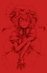  1girl bat_wings blood closed_eyes cross dress dripping harusame_(unmei_no_ikasumi) hat monochrome red_background remilia_scarlet short_hair smile solo touhou wings 