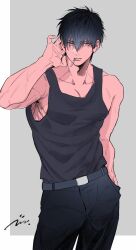  1boy absurdres arm_up belt belt_buckle black_belt black_hair black_pants black_shirt buckle cigarette closed_mouth commentary_request contrapposto gintama grey_eyes hand_in_pocket highres hijikata_toushirou looking_at_viewer male_focus pants shirt short_hair sleeveless solo standing tank_top usson0002 
