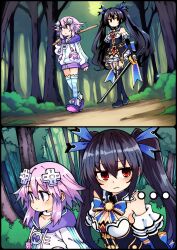  ... 2girls absurdres aderyn ai-assisted black_boots black_dress black_hair boots breasts choujigen_game_neptune dress flat_chest forest frilled_skirt frills hair_ornament hair_ribbon highres holding holding_sword holding_weapon hood hoodie long_hair medium_breasts multiple_girls nature neptune_(neptunia) neptune_(series) noire_(neptunia) purple_hair purple_shoes red_eyes ribbon shoes short_hair skirt socks striped_clothes striped_socks sword tree twintails walking weapon white_hoodie white_skirt wooden_sword 