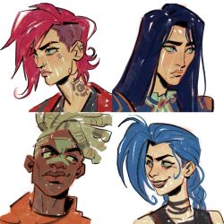  1boy 3girls arcane:_league_of_legends arcane_caitlyn arcane_jinx arcane_vi black_shirt black_tank_top blue_eyes blue_hair blue_jacket braid brown_eyes caitlyn_(league_of_legends) cheek_tattoo choker closed_mouth collar commentary cropped_shoulders dark-skinned_male dark_skin dreadlocks ekko_(league_of_legends) expressionless eyebrow_cut face_piercing facial_mark firelight_ekko freckles frilled_collar frills gold_trim hashtag-only_commentary highres jacket jinx_(league_of_legends) league_of_legends light_smile long_hair looking_ahead looking_at_another mullet multiple_girls neck_tattoo nose_piercing piercing pink_hair raised_eyebrow red_jacket roman_numeral shirt side_cut side_part simple_background skcd_loen sketch straight_hair tank_top tattoo teeth thick_lips twin_braids undercut vi_(league_of_legends) white_background white_hair 