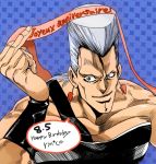  1boy blue_eyes earrings french grey_hair jack-ddd-no13 jean_pierre_polnareff jewelry jojo_no_kimyou_na_bouken ribbon solo 