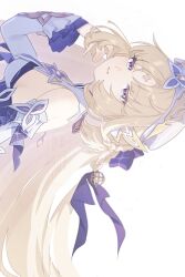  1girl beret blonde_hair blue_eyes braid detached_sleeves dress facial_mark forehead_mark frilled_sleeves frills genshin_impact hat highres long_hair nicole_reeyn parted_lips sideways simple_background solo suwa_(swk_kkk) symbol-shaped_pupils upper_body watermark white_background white_dress white_hat 