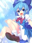  1girl bloomers blue_dress blue_eyes blue_hair bow cirno dress hair_bow ice ice_wings looking_at_viewer open_mouth paragasu_(parags112) purple_hair shirt short_sleeves smile solo touhou underwear upskirt wings 