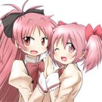  2girls bow fang hair_bow kaname_madoka long_hair looking_at_viewer mahou_shoujo_madoka_magica mizushima_(p201112) multiple_girls open_mouth pink_eyes pink_hair ponytail red_eyes redhead sakura_kyouko school_uniform short_hair short_twintails smile twintails wink 