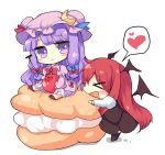  &gt;_&lt; 2girls bat_wings blush_stickers capelet cherry chibi closed_eyes cream_puff crescent dress food fruit hat head_wings heart juliet_sleeves koakuma long_hair long_sleeves minigirl multiple_girls open_clothes open_coat open_mouth paragasu_(parags112) patchouli_knowledge puffy_sleeves redhead shirt silver_hair simple_background skirt skirt_set spoken_heart striped striped_dress touhou very_long_hair vest violet_eyes white_background white_dress wings 
