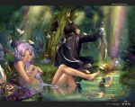  1boy 1girl barefoot bird black_hair blush cape closed_eyes clothed_male_nude_female clothes_removed crossed_legs highres kawacy long_hair nature nude original pond purple_hair rainbow short_hair sitting smile sword tree violet_eyes water weapon 