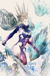  1girl blue_eyes blue_flower blue_gloves blue_hair blue_leotard blue_thighhighs breasts commentary_request elbow_gloves elezen elf final_fantasy final_fantasy_xiv floating_hair flower gloves grey_hair holding holding_sword holding_weapon ice leotard long_hair medium_breasts pointy_ears ruka_(blueplus84) shiva_(final_fantasy) solo sword thigh-highs weapon ysayle_dangoulain 