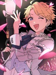  1boy ahoge androgynous arm_strap beads blonde_hair blue_bow blue_ribbon blue_vest blush bow confetti curtained_hair earrings ensemble_stars! fringe_trim hand_on_weapon heart highres holding holding_weapon idol jacket jewelry lapels long_sleeves looking_at_viewer narukami_arashi niyororinpayamaru one_eye_closed open_mouth panties photo-referenced ribbon smile solo swept_bangs tassel tassel_earrings underwear upper_body vest violet_eyes weapon white_jacket white_panties 