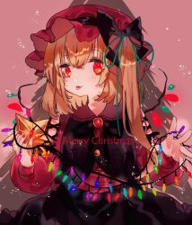  1girl alternate_color black_bow black_skirt black_vest blonde_hair bow christmas_tree closed_mouth commentary_request cowboy_shot flandre_scarlet hat hat_bow long_hair long_sleeves looking_at_viewer merry_christmas mob_cap multicolored_wings one_eye_closed red_eyes red_hat red_shirt shinjitsu_no_kuchi shirt skirt skirt_set smile solo star_(symbol) string_lights tongue tongue_out touhou vest wings 