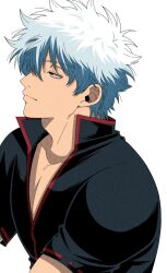  1boy adam's_apple black_eyes black_shirt closed_mouth gintama highres male_focus popped_collar profile red_trim sakata_gintoki shirt short_sleeves simple_background solo upper_body white_background white_hair yubi_nui21 