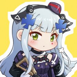  1girl assault_rifle black_jacket blue_hair blush bow chibi commentary dress girls_frontline green_eyes gun h&amp;k_hk416 hair_bow hair_ornament hk416_(girls'_frontline) hk416_(mod3)_(girls'_frontline) holding holding_gun holding_weapon jacket jiwon_(sj1) long_hair looking_at_viewer off_shoulder open_clothes open_jacket outline pout purple_dress rifle sidelocks simple_background solo tattoo teardrop_tattoo upper_body weapon white_outline yellow_background 