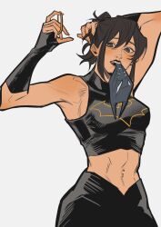  1girl abs absurdres arm_behind_head batgirl batman_(series) black_hair black_pants black_shirt breasts brown_eyes cassandra_cain crop_top dc_comics fingerless_gloves gloves hair_between_eyes hair_tie hand_in_own_hair highres holding holding_hair_tie irispardom looking_at_viewer mareep mask medium_breasts midriff muscular muscular_female pants shirt short_hair solo unworn_mask upper_body 