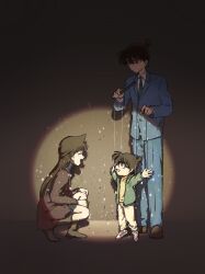  1boy 1girl ^_^ absurdres black_hair blue_suit boots brown_hair chinese_commentary closed_eyes coat commentary_request crayooon edogawa_conan full_body glasses green_necktie highres kudou_shin'ichi meitantei_conan mouri_ran necktie outstretched_arms school_uniform spotlight squatting string suit teitan_high_school_uniform turtleneck winter_uniform 