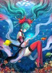  1girl absurdres boots coral fish floating_hair green_eyes green_hair gyakushuu_no_hoshiumi hatsune_miku highres long_hair solo thigh-highs thigh_boots twintails underwater very_long_hair vocaloid 