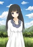  1girl black_hair blush chitanda_eru clouds eyelashes highres hyouka long_hair sky smile solo violet_eyes xsorax812 