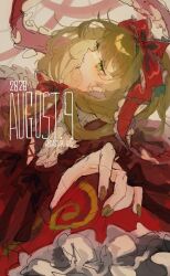  1girl bow bowtie closed_mouth commentary_request cowboy_shot dated dress expressionless fingernails green_eyes green_hair green_nails hair_bow head_back highres kagiyama_hina long_hair one-hour_drawing_challenge red_bow red_bowtie red_dress shinjitsu_no_kuchi solo touhou 