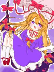 1girl anzu_cha709 blonde_hair blush blush_stickers bow dress footwear_bow frilled_dress frills gap_(touhou) gloves hair_between_eyes hair_bow happy hat hat_ribbon holding holding_umbrella large_ribbon long_dress long_hair looking_at_viewer mob_cap neck_ribbon nightgown perfect_cherry_blossom puffy_sleeves purple_bow purple_ribbon purple_shoes rectangular_mouth red_ribbon ribbon shoes short_sleeves sitting socks solo touhou umbrella umbrella_bow very_long_hair violet_eyes white_gloves white_hat white_socks yakumo_yukari 
