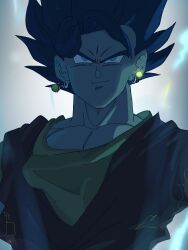  1boy absurdres black_hair dragon_ball dragon_ball_z electricity green_eyes grey_background highres kazumax76 male_focus medium_hair muscular muscular_male orange_shirt shirt solo spiky_hair upper_body vegetto 