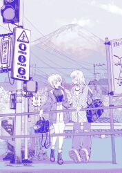  artist_request bag bang_dream! bang_dream!_it's_mygo!!!!! blush boots chihaya_anon choker closed_mouth commentary_request commission denim food food_in_mouth heart heart_choker highres honkai:_star_rail honkai_(series) jeans jewelry long_hair looking_at_another monochrome mount_fuji necklace outdoors pants popsicle popsicle_in_mouth power_lines road_sign school_bag second-party_source shirt short_hair shorts sign sleeveless sleeveless_shirt smile takamatsu_tomori torn_clothes torn_jeans torn_pants utility_pole 