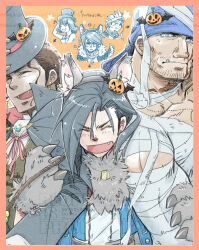  1girl 5boys 80850love_fu animal_ear_fluff animal_ear_hairband animal_ears animal_hands ascot bandaged_arm bandaged_head bandaged_torso bandages bandana beard_stubble black_cloak black_hair black_hat black_jacket blue_bandana blue_eyes blue_jacket border breasts chibi chibi_inset cloak closed_eyes earrings facial_hair fake_animal_ears fang fang_out final_fantasy final_fantasy_viii fur-trimmed_jacket fur_trim gloves hair_ornament hairband halloween halloween_costume hat highres holding_another's_hair jack-o'-lantern jack-o'-lantern_hair_ornament jack-o'-lantern_hat_ornament jacket jewelry kiros_seagill laguna_loire laughing light_blush long_hair male_focus medium_breasts multiple_boys mummy_costume muscular muscular_male neck_ribbon necklace open_mouth orange_background overalls paw_gloves pink_border pink_ribbon ribbon scar scar_on_cheek scar_on_face selphie_tilmitt single_earring smile squall_leonhart stubble tail tan top_hat topless_male upper_body vampire_costume ward_zabac wavy_hair werewolf_costume white_ascot wolf_ears wolf_tail zell_dincht 