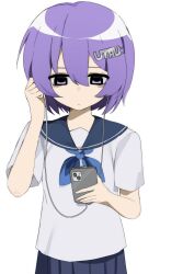  1girl blue_sailor_collar blue_skirt cellphone closed_mouth earphones earphones expressionless hair_between_eyes highres holding holding_phone listening_to_music phone purple_hair sailor_collar school_uniform serafuku shirt short_hair simple_background skirt smartphone solo upper_body utane_uta utau uuuuua07 violet_eyes white_background white_shirt 