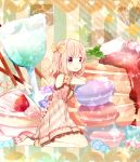  1girl :p barefoot cake candy cup dress flower food food_themed_clothes hair_flower hair_ornament highres macaron mafuyu_(chibi21) original pink_hair short_hair sitting solo tongue violet_eyes 