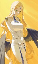  absurdres ayumu_(blue_archive) black_wings blonde_hair blue_archive blue_necktie blush breasts dress forehead_jewel gloves green_eyes halo highres large_breasts li-mi long_hair long_skirt looking_at_viewer necktie simple_background skirt smile very_long_hair white_gloves white_skirt wings yellow_background yellow_halo 