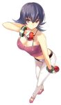  1girl belt black_hair bracer breasts cccpo cleavage gym_leader highres holding holding_poke_ball natsume_(pokemon) pants poke_ball pokemon pokemon_(game) pokemon_hgss red_eyes short_hair simple_background smile solo violet_eyes white_background 