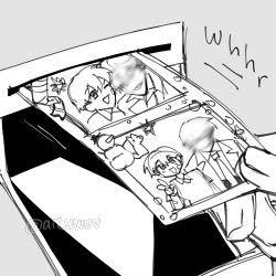  areuwuu bandage_on_face bandages censored censored_identity coat commentary dual_persona english_commentary hair_between_eyes highres kim_dokja monochrome motion_lines necktie oldest_dream omniscient_reader's_viewpoint photo_strip pov pov_hands printer shirt short_hair sound_effects t-shirt vest 