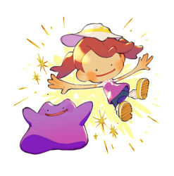  1girl black_eyes black_leggings blush brown_hair commentary_request ditto female_protagonist_(pokemon_pokopia) happy hat inari1369 leggings open_mouth pokemon pokemon_(creature) pokemon_pokopia purple_shirt ribbed_socks shirt shoes short_hair short_sleeves smile socks white_hat white_socks yellow_shoes 