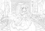  1girl dress highres lineart long_hair looking_at_viewer monochrome niwa_toriko open_mouth original smile solo very_long_hair 