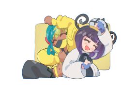  2girls aqua_hair bandeau black_dress black_hair black_mask blonde_hair blue_gloves blunt_bangs blush bob_cut canari_(pokemon) closed_eyes coat commentary_request criss-cross_straps dark-skinned_female dark_skin dress gloves gradient_hair gwynn_(pokemon) hat jacket long_sleeves mask mega_stone mizuiro123 mouth_mask multicolored_hair multiple_girls navel open_clothes open_coat open_mouth pants partially_fingerless_gloves pokemon pokemon_legends:_z-a purple_hair short_hair short_twintails smile split-color_hair sports_bra twintails two-tone_hair two-tone_mask white_coat yellow_bandeau yellow_jacket yellow_mask yellow_sports_bra 